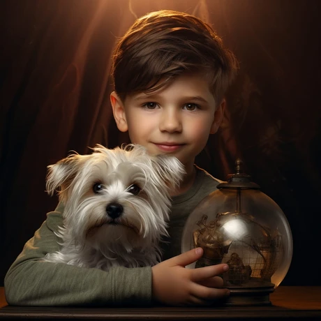 boy taking photo with her dog