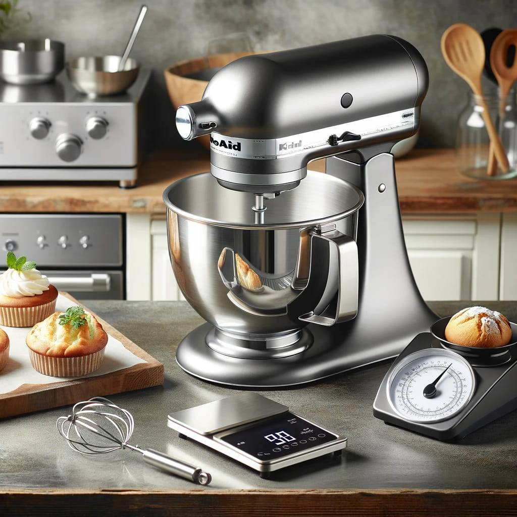 A sophisticated display of advanced baking equipment featuring a stand mixer, a sleek digital scale, and a stainless steel pastry cutter, set against a modern kitchen interior.