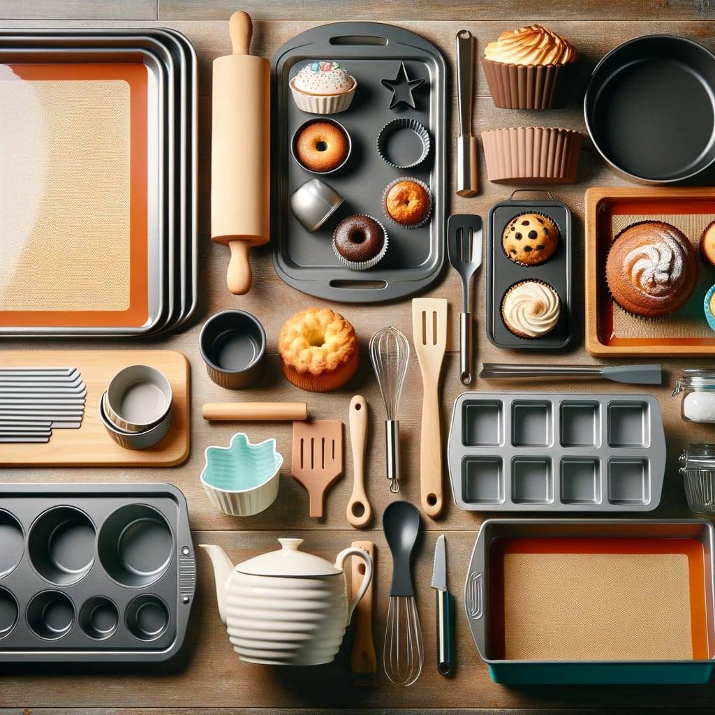  An array of essential bakeware including non-stick baking sheets, silicone mats, and various shapes of cake pans, showcased on a wooden kitchen table.