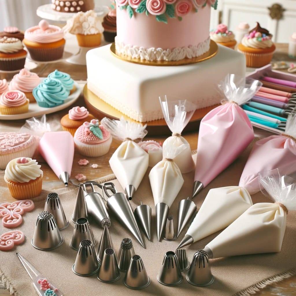  creative and colorful display of cake decorating tools, including piping bags with different nozzles and a set of fondant tools, arranged on a decorated baking workspace.