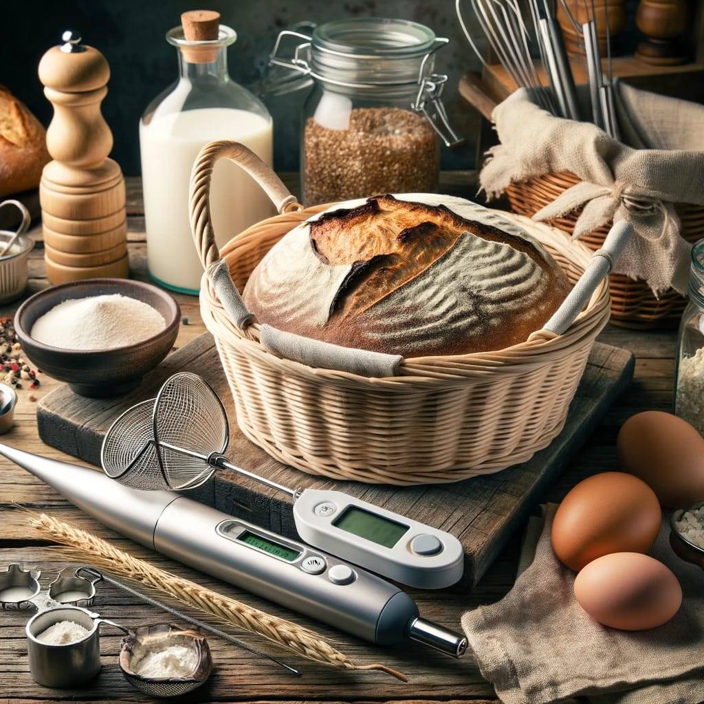A specialized setup showcasing a bread proofing basket, a pastry blender, and a precision baking thermometer, against a backdrop of artisan bread and pastry making ingredients.
