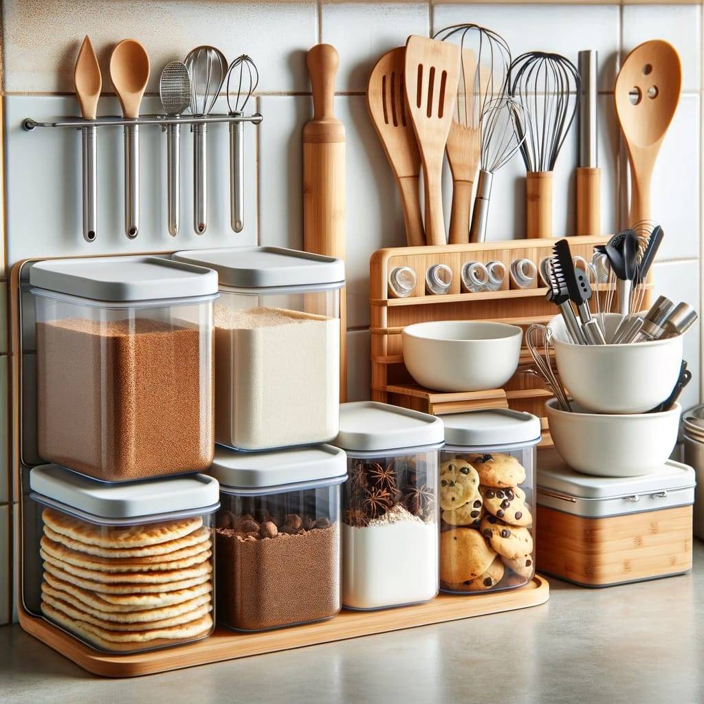A well-organized kitchen scene featuring airtight containers for baking ingredients and a bamboo tool organizer holding various baking utensils.