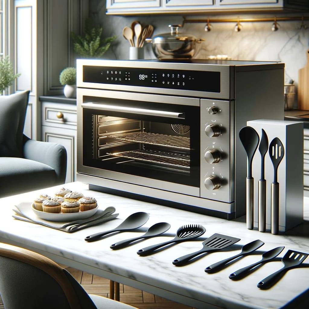 A modern and upscale kitchen setting with a high-end convection oven and a set of premium silicone utensils, symbolizing an upgraded baking arsenal.