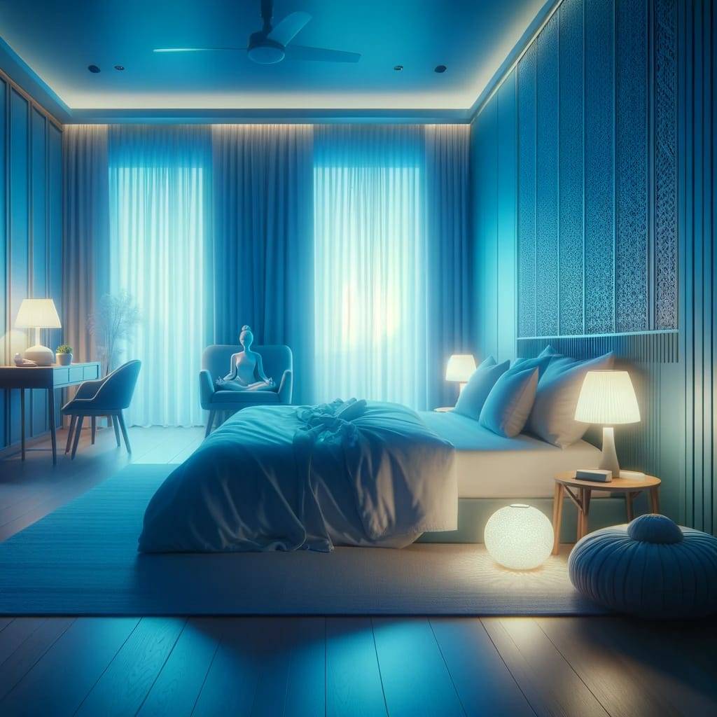 A bedroom with soft blue lighting creating a serene and calming atmosphere, ideal for relaxation and meditation. The room features comfortable furnish