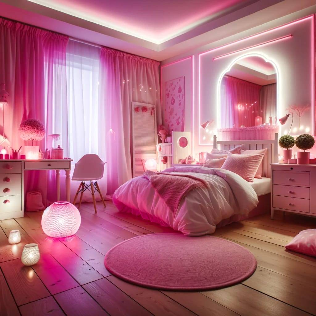 A chic bedroom illuminated with soft pink lighting, creating a playful and whimsical atmosphere. The room features stylish decor and a youthful vibe