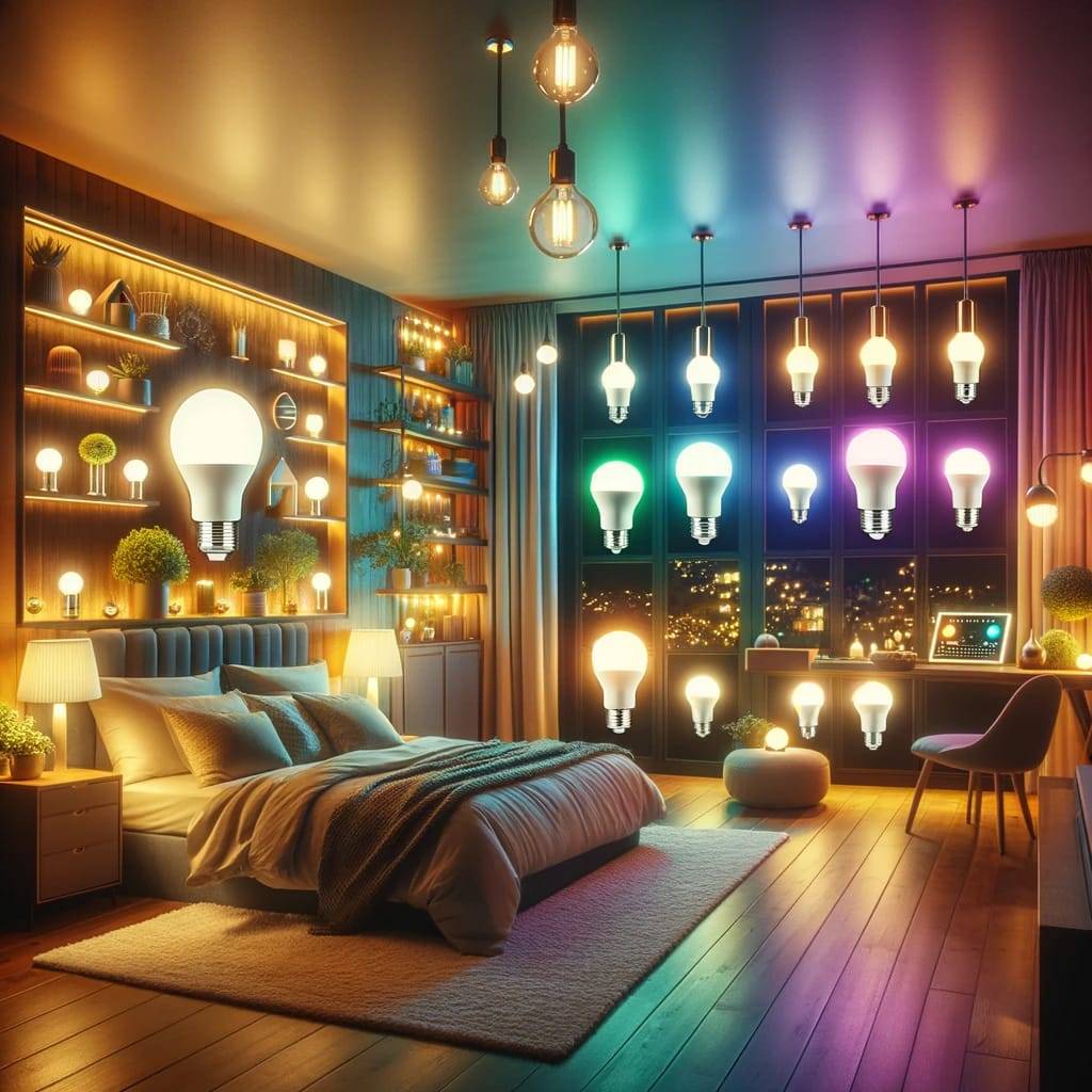 A cozy and stylish bedroom illuminated by various smart bulbs, showcasing different colors and intensities of light.