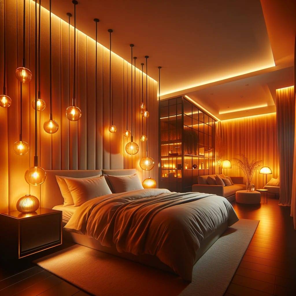 A modern bedroom bathed in warm amber lighting, creating a cozy and romantic mood. The amber lights provide a soft, inviting glow