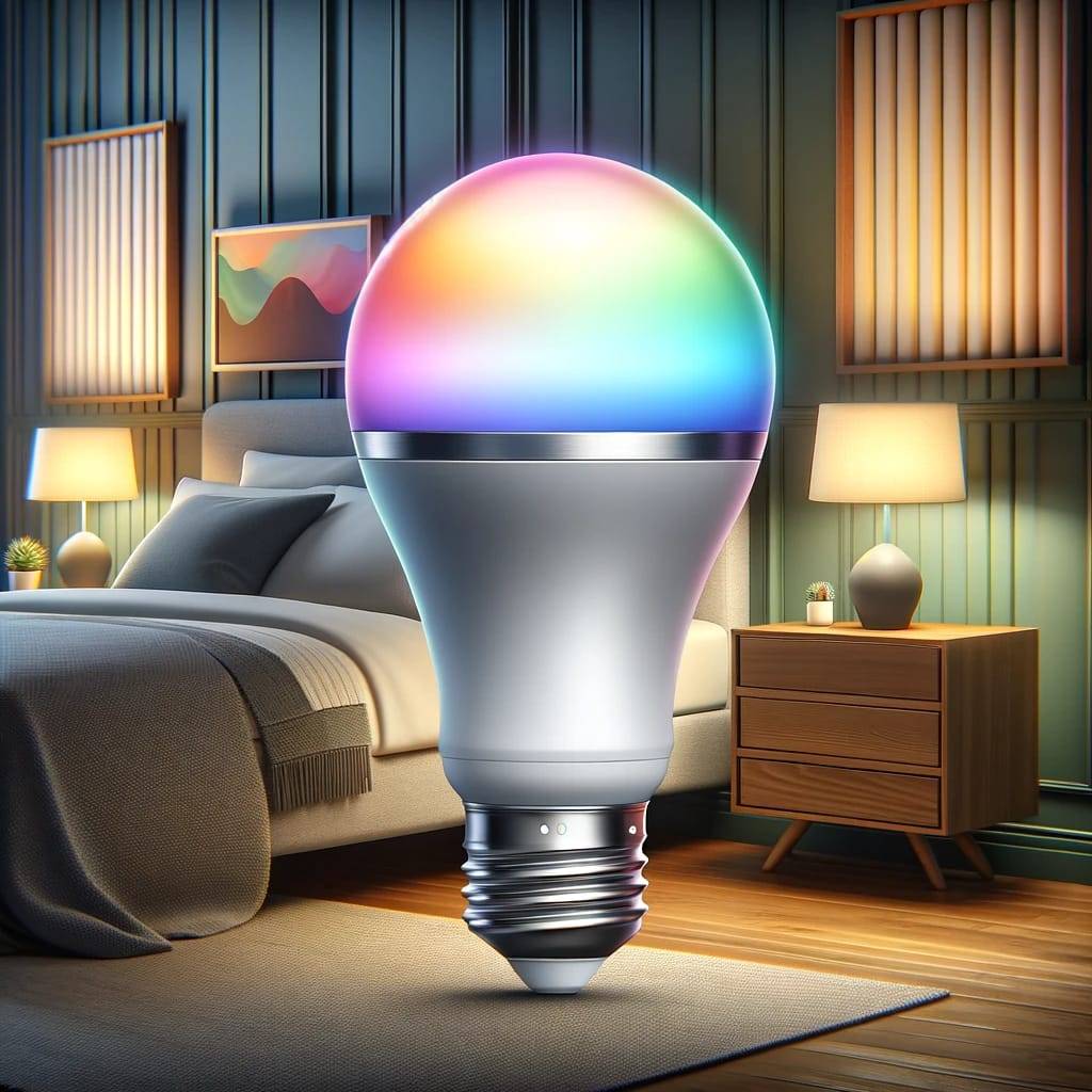 A realistic illustration of a color-changing smart bulb, showcasing its ability to display multiple colors.