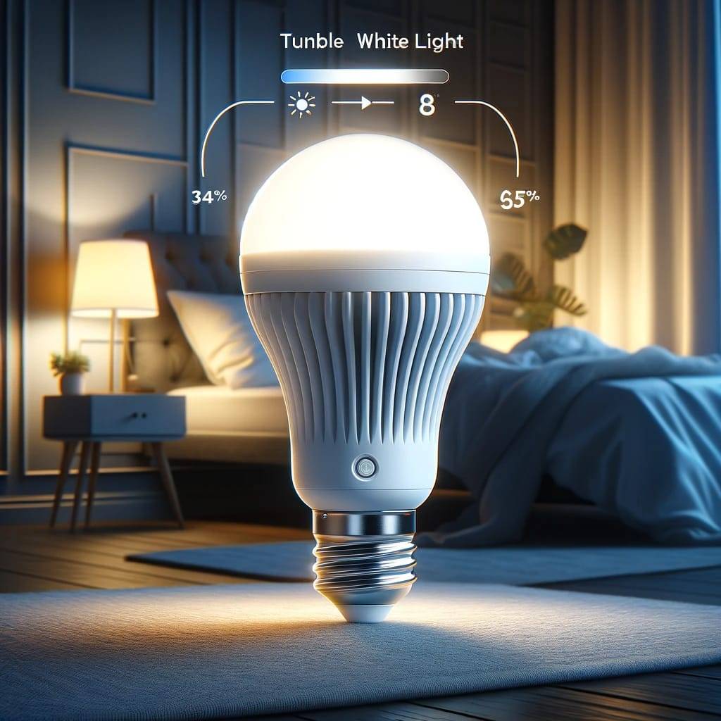 A realistic illustration of a smart bulb with tunable white light, showing its ability to adjust from warm to cool white light