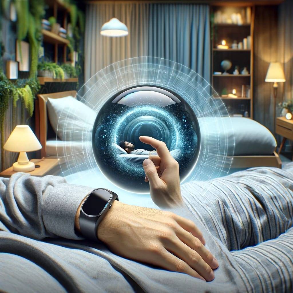 An ultra-realistic image showing a person sleeping in a cozy bedroom, with a clear view of a sleep tracker on their wrist.
