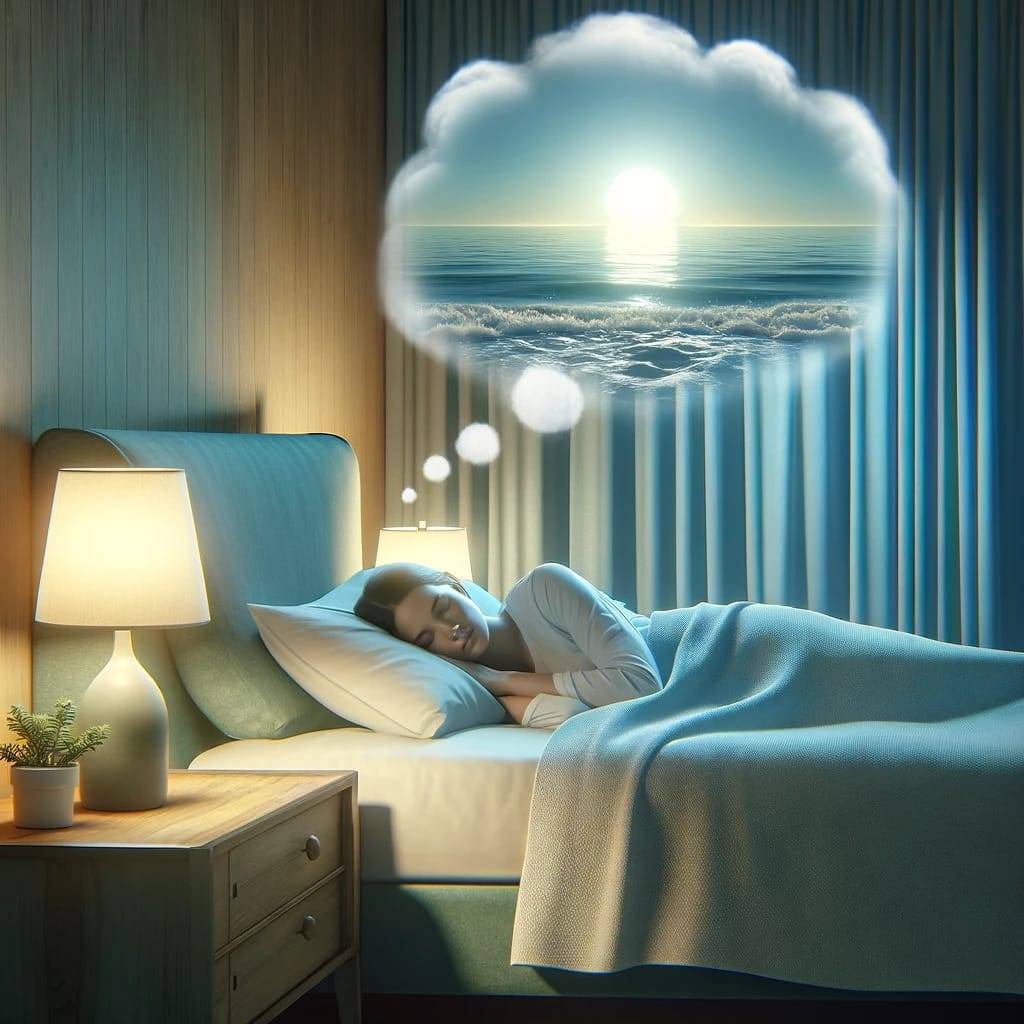 A serene and realistic bedroom scene depicting a person peacefully sleeping in a comfortable bed. Above their head, a dream bubble