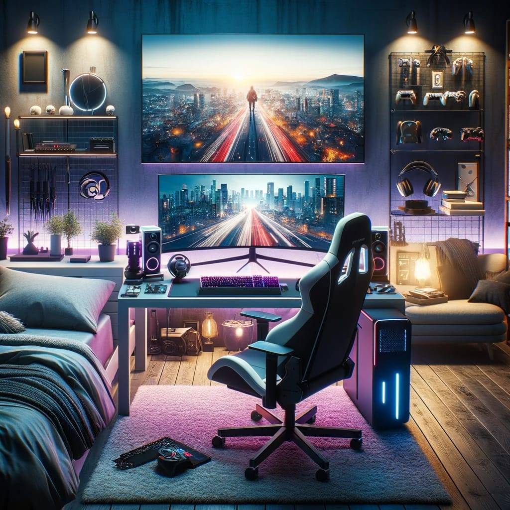 A captivating bedroom gaming setup, showcasing a variety of gaming gadgets.