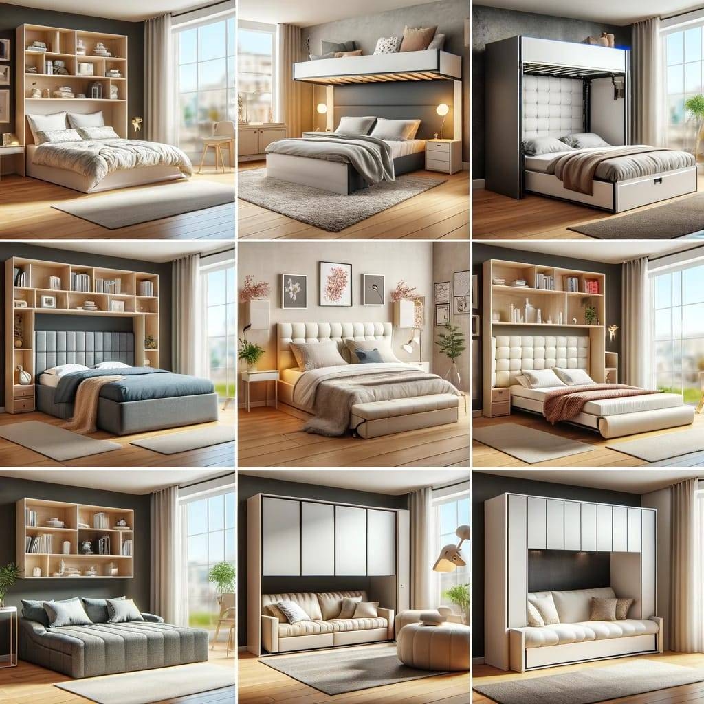 A collage of different types of space-saving beds in a modern bedroom setting.