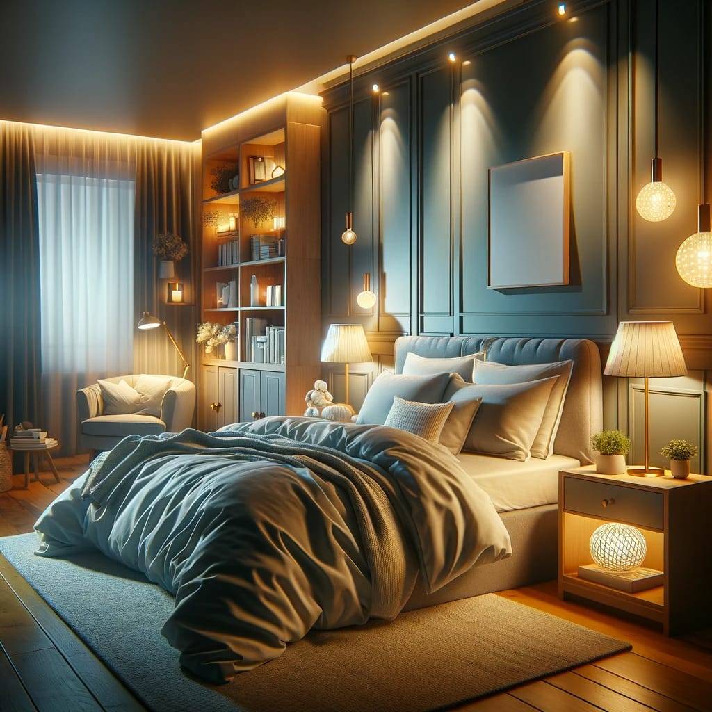 A cozy bedroom in the evening, softly illuminated by smart LED lights. The room should convey a warm, inviting atmosphere with a comfortable bed, plus