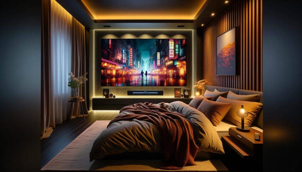 A cozy, modern bedroom at night, transformed into a mini home cinema. The room features a large wall-mounted TV displaying a vibrant movie scene.