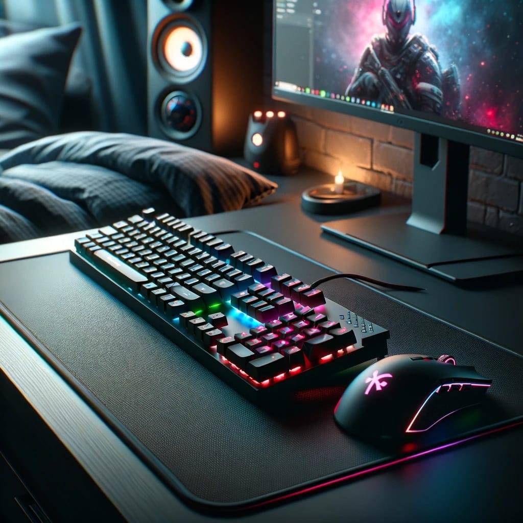 A dynamic bedroom gaming setup featuring advanced gaming keyboards and mice.