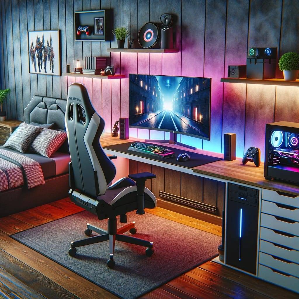 A modern and well-organized bedroom gaming setup showcasing essential gaming gadgets.