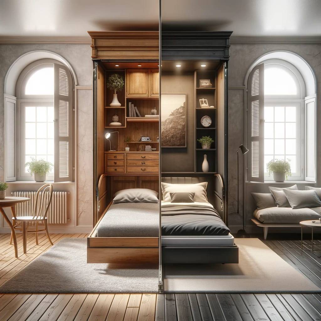 A split-themed bedroom that visually contrasts the historical evolution of space-saving beds from the past to the present.