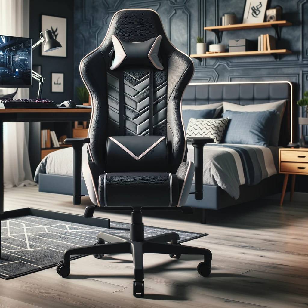 A stylish bedroom gaming setup focused on an ergonomic gaming chair.