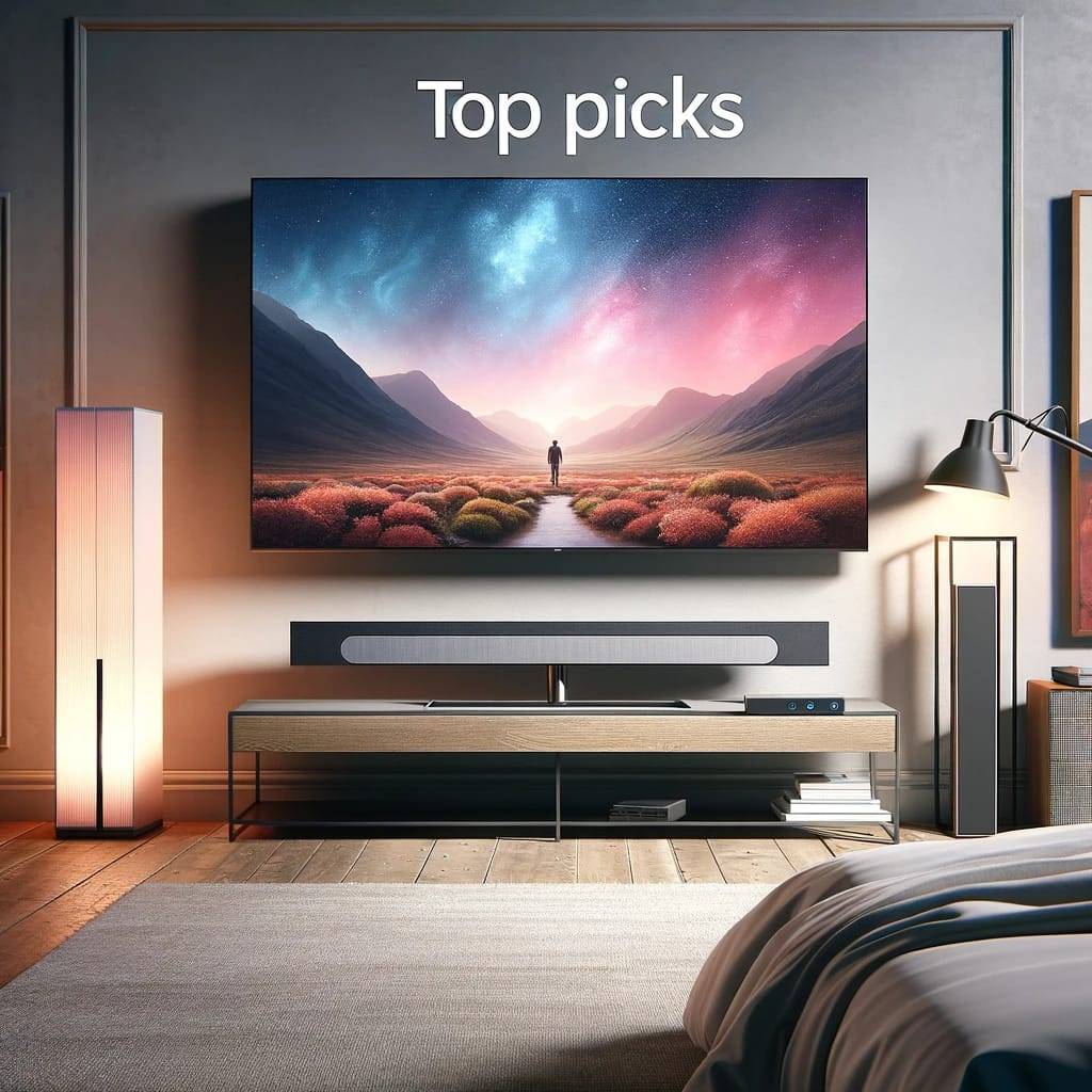 An image showcasing top picks for bedroom entertainment systems in 2024, featuring a modern TV and a sound system.