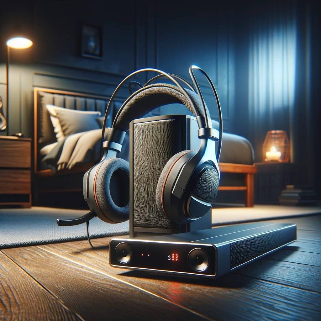 An immersive bedroom gaming setup highlighting advanced audio equipment, featuring a high-quality gaming headset and a soundbar.