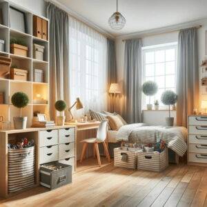 a small, cozy bedroom that is well-organized and stylish, demonstrating efficient use of space
