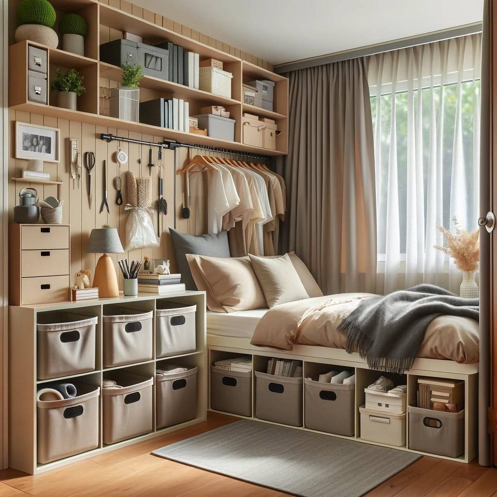 a small bedroom creatively utilizing storage solutions such as under-bed storage containers, over-the-door organizers,