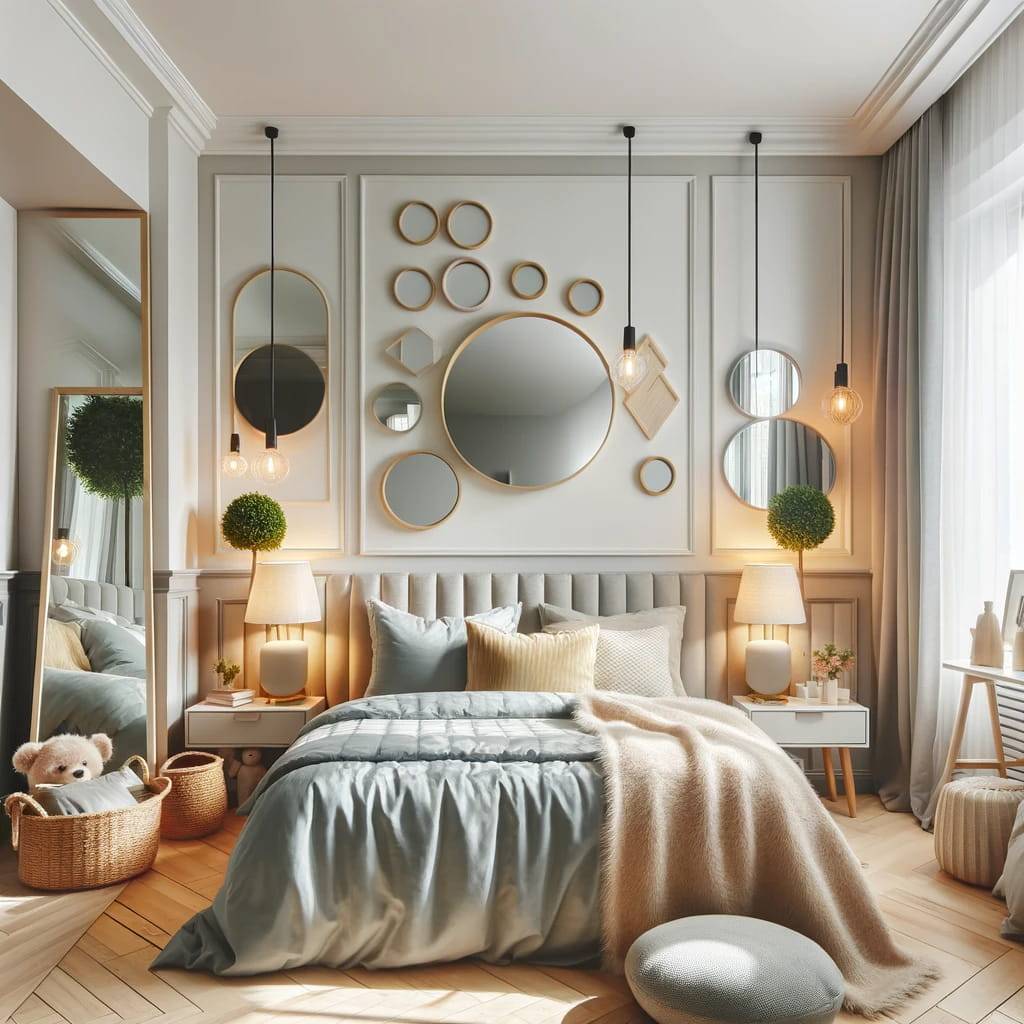 a small bedroom enhanced with decorating tricks to appear bigger, featuring light colors, strategically placed mirrors