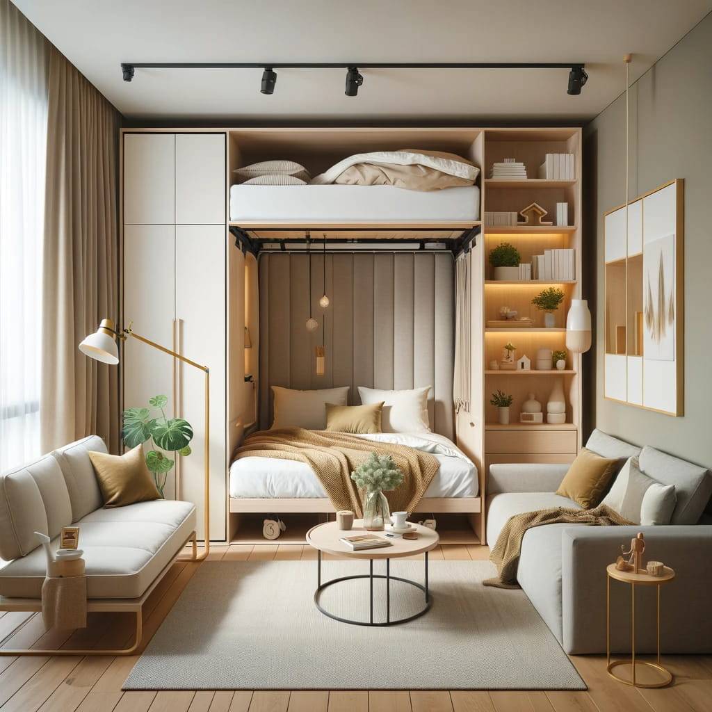 a small bedroom featuring space-saving furniture like a Murphy bed, sofa bed, and loft bed, in a cozy and modern setting, demonstrating effective use