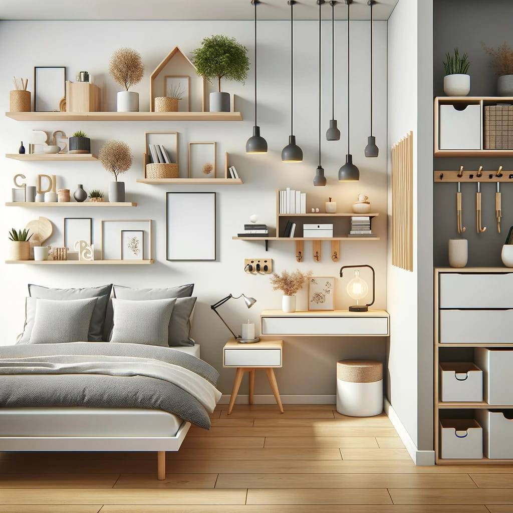 a well-organized small bedroom showcasing efficient use of vertical space, featuring floating shelves, wall-mounted furniture, and stylish hooks on wall