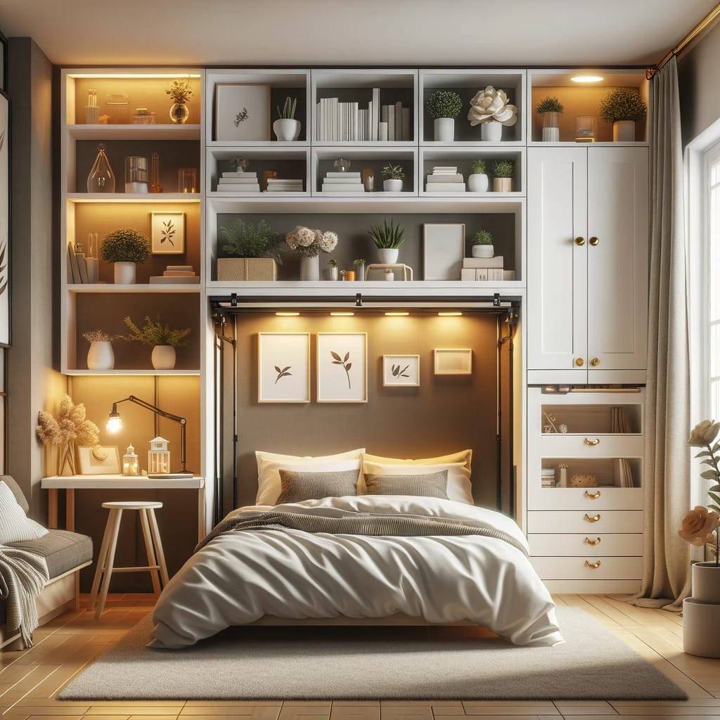 an image of a single space-saving bed in a cozy and inviting bedroom setting,
