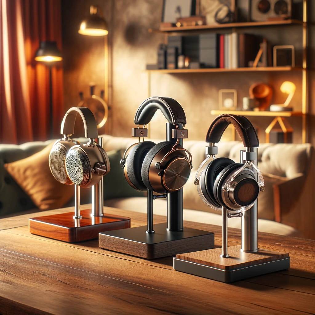 A collection of headphone stands showcasing different materials and styles on a wooden desk. The scene includes a sleek metallic stand, a warm wooden