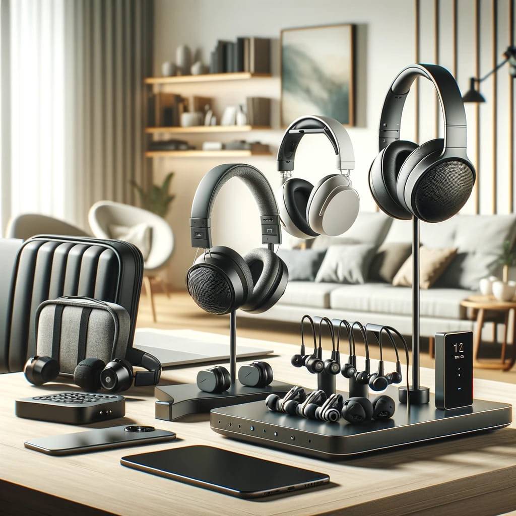 A variety of headphones and earphones displayed across a modern, minimalist workspace. The scene includes over-ear headphones resting on a sleek stand