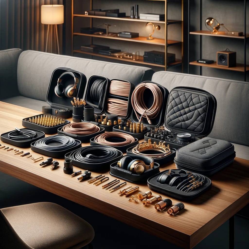 An organized and stylish audio setup featuring a variety of cables, connectors, and protective cases. The image shows high-quality audio cables coiled