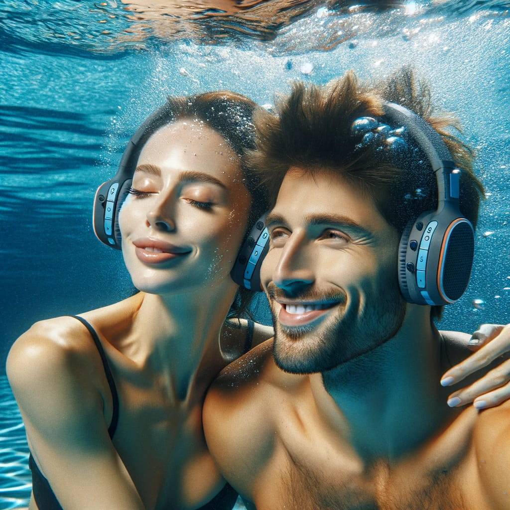 Create an image of a couple underwater, both wearing modern swimming headsets similar to the provided example.