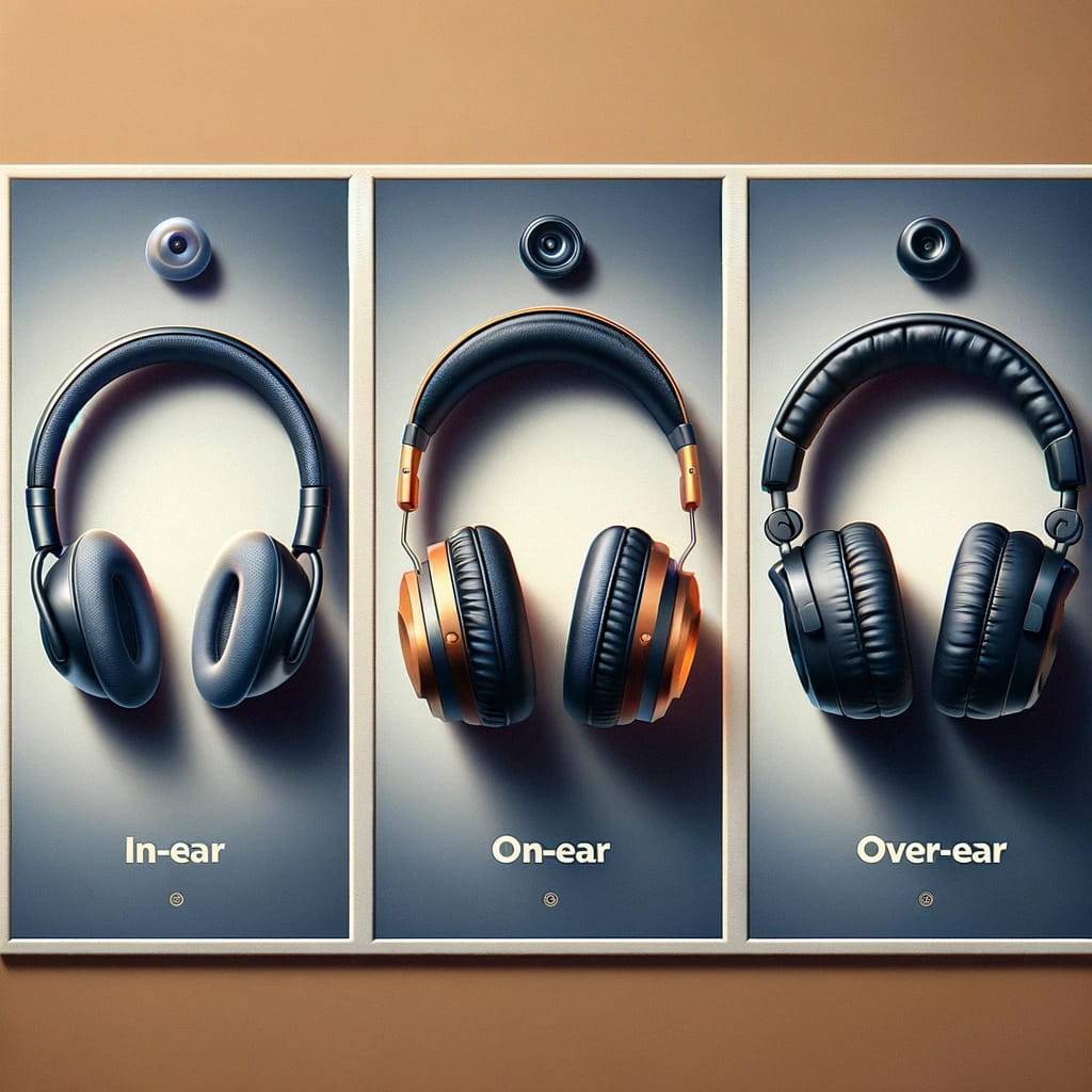 Create an image showcasing three different types of headphones_ in-ear, on-ear, and over-ear.