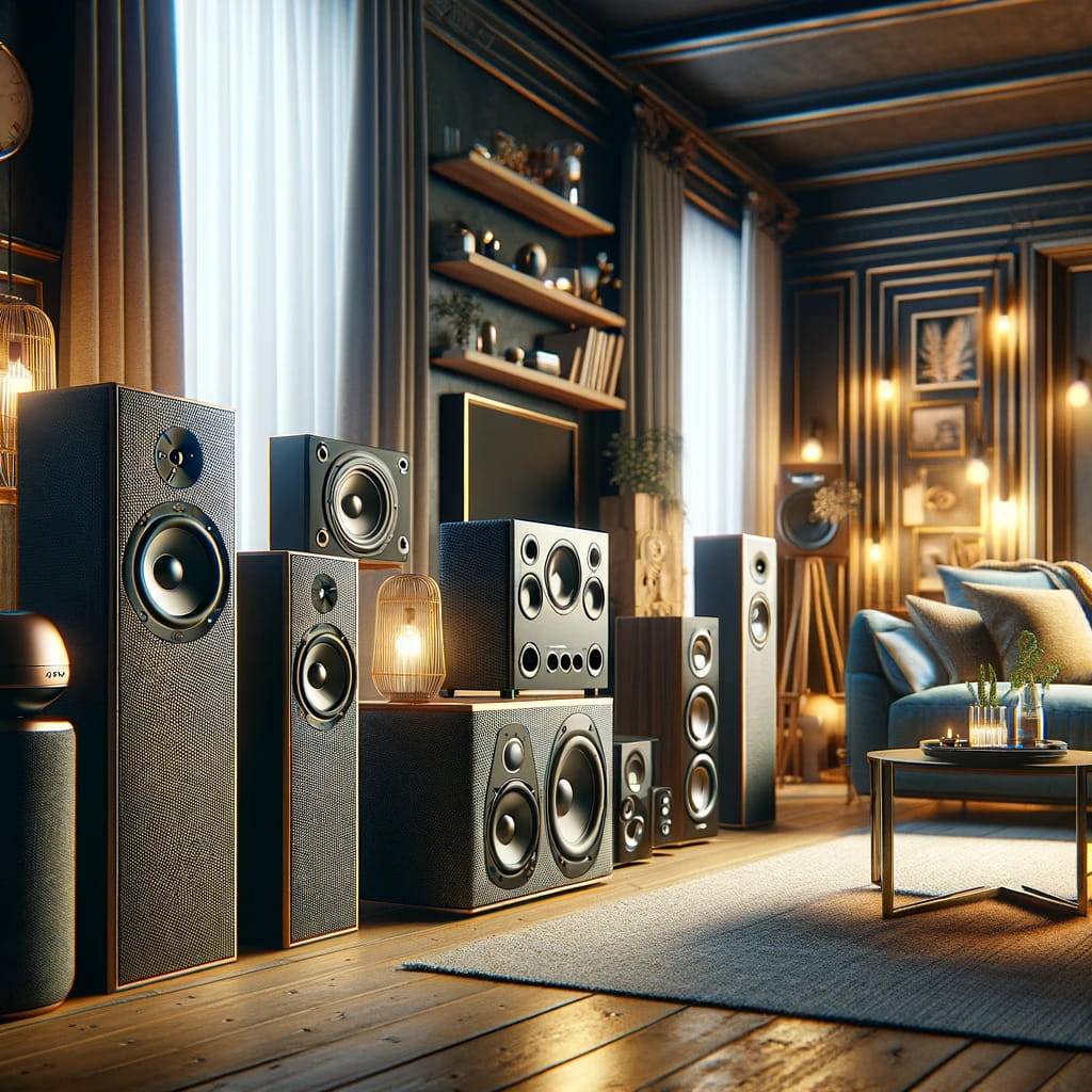 an image that encapsulates the essence of the perfect home audio setup. Feature a variety of speakers from bookshelf models to smart speakers