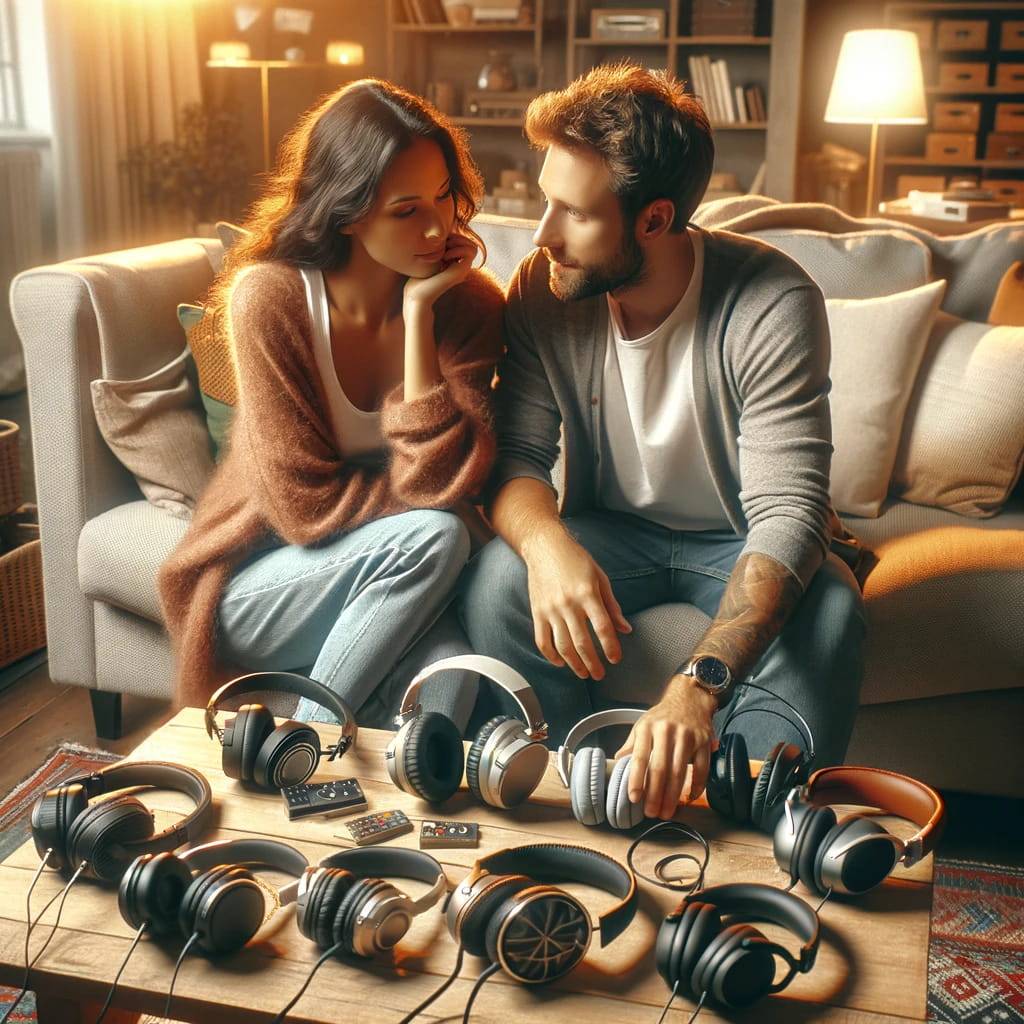 Generate a photo-realistic image depicting a couple in a cozy living room, exploring a variety of headphones laid out on a coffee table