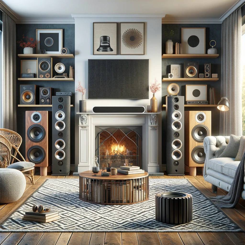 a cozy, inviting living room filled with a variety of speakers. Include bookshelf speakers, a pair of elegant floor-standing tower