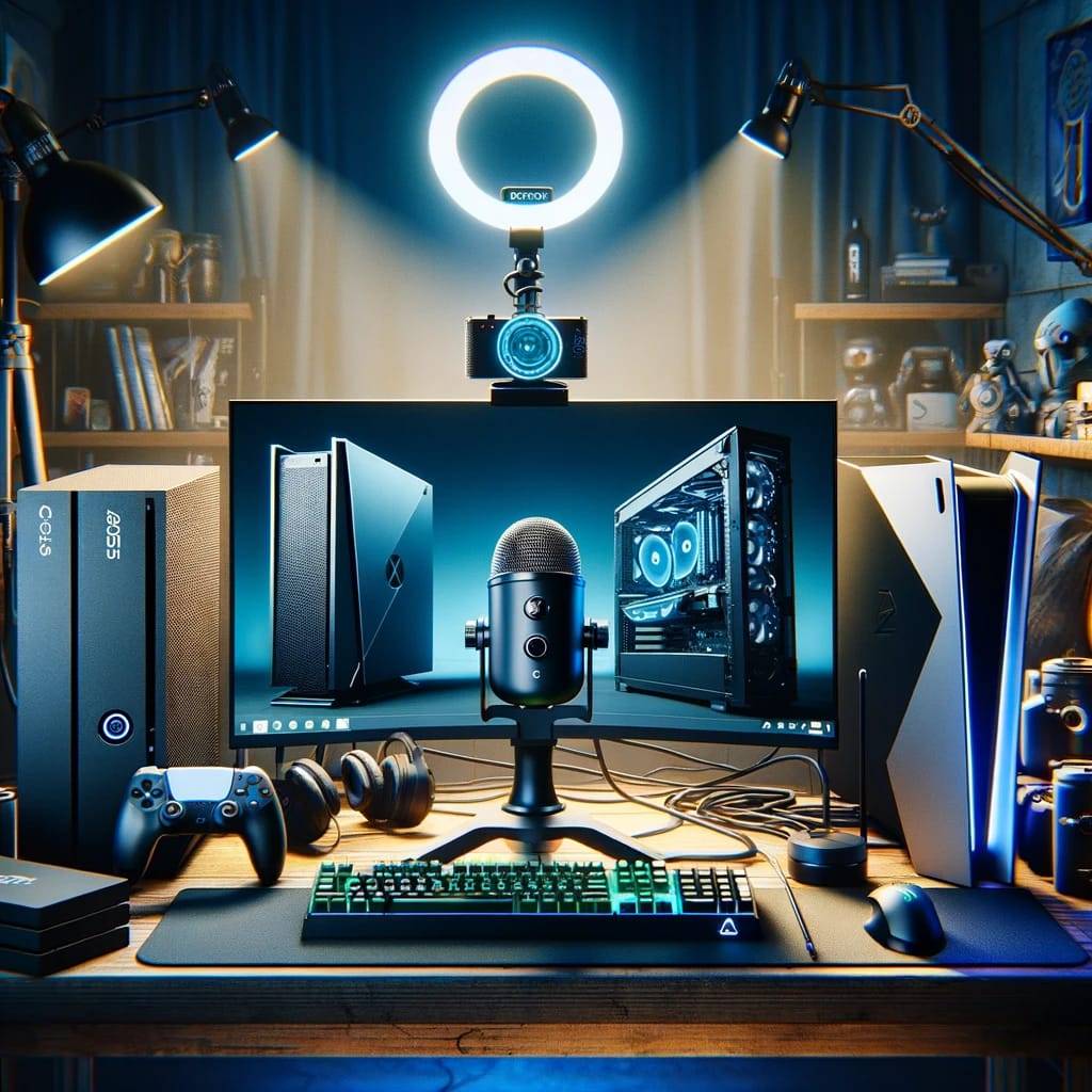 A 4K realistic image showcasing the essential hardware for gaming streaming. The scene is set in a well-organized gaming space with a powerful PC setup