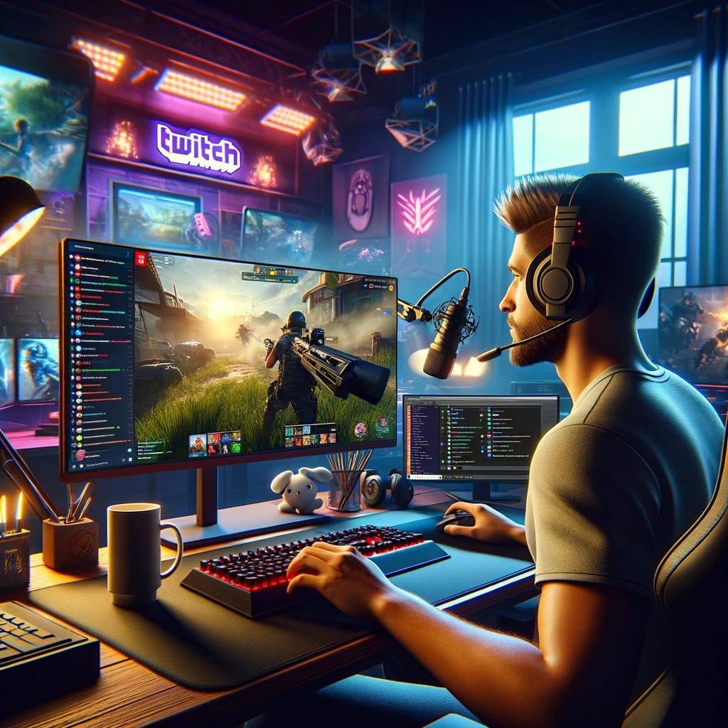  A digital collage representing the software necessities for gaming streaming, focusing on the three main platforms_ Twitch, YouTube Gaming, and Facebo