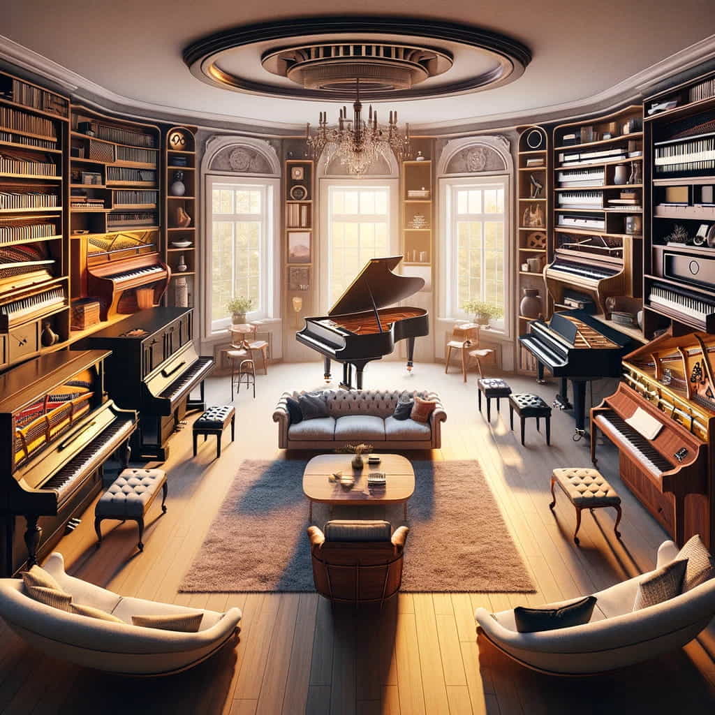 a beautifully designed living room that harmoniously incorporates four different types of pianos, each reflecting its unique characteristics