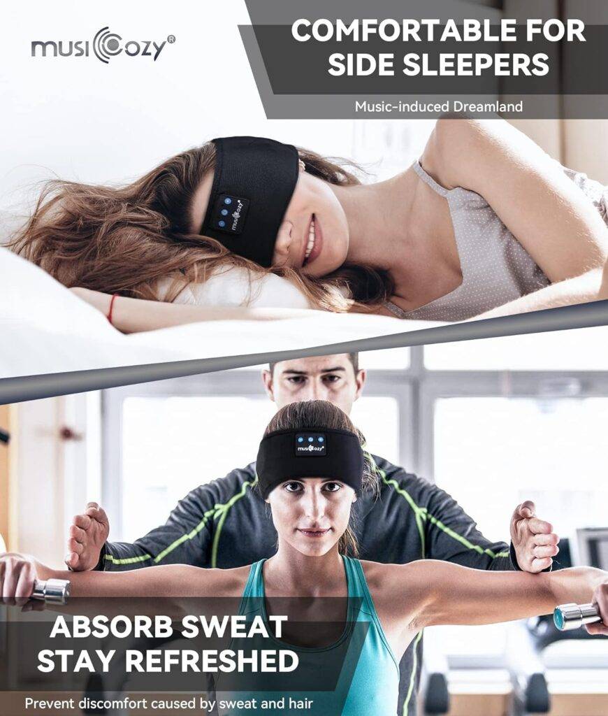  woman using sleep headbands and sports headphones