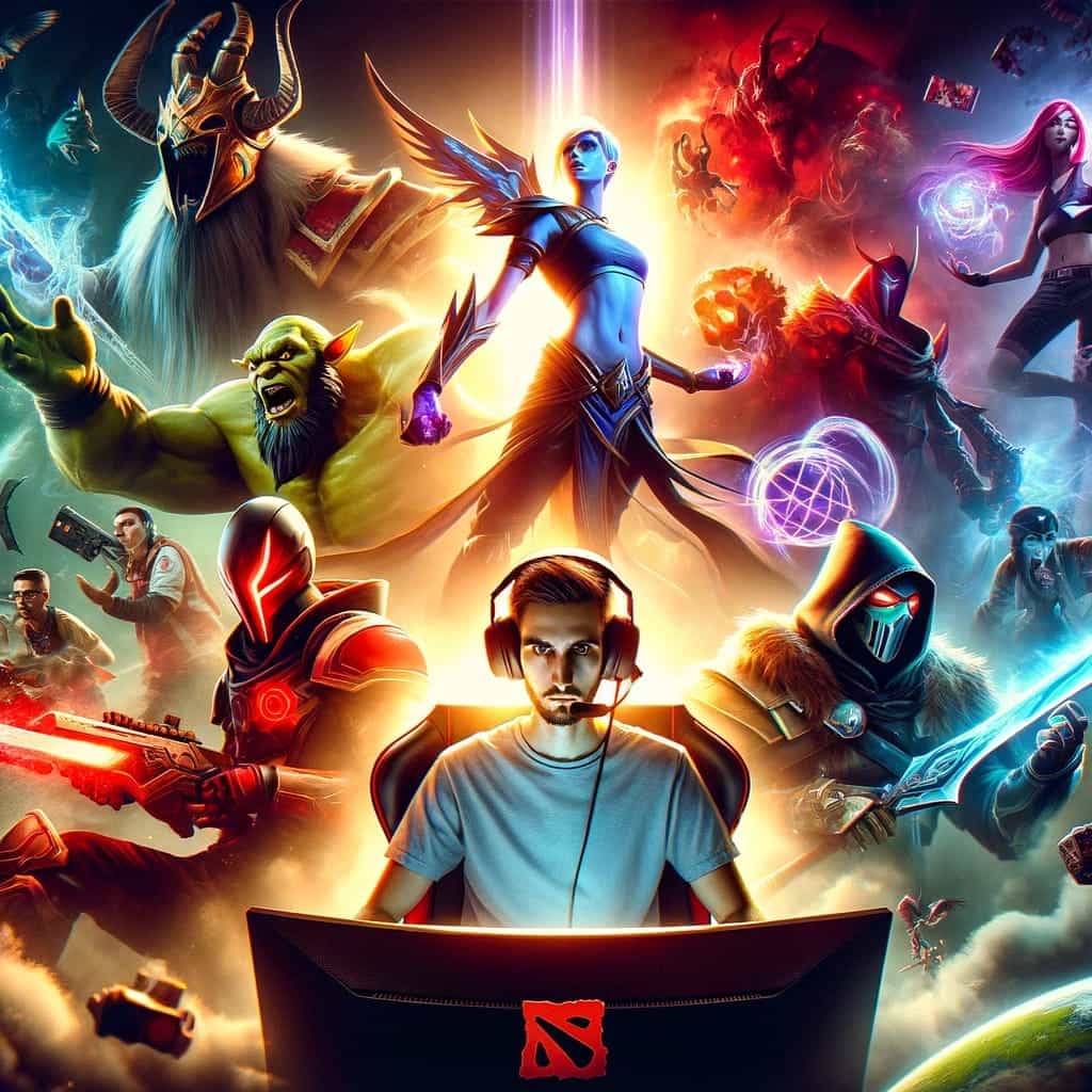 a featured image for a blog about top esports games, featuring iconic scenes from popular games like League of Legends, Dota 2, and Fortnite.