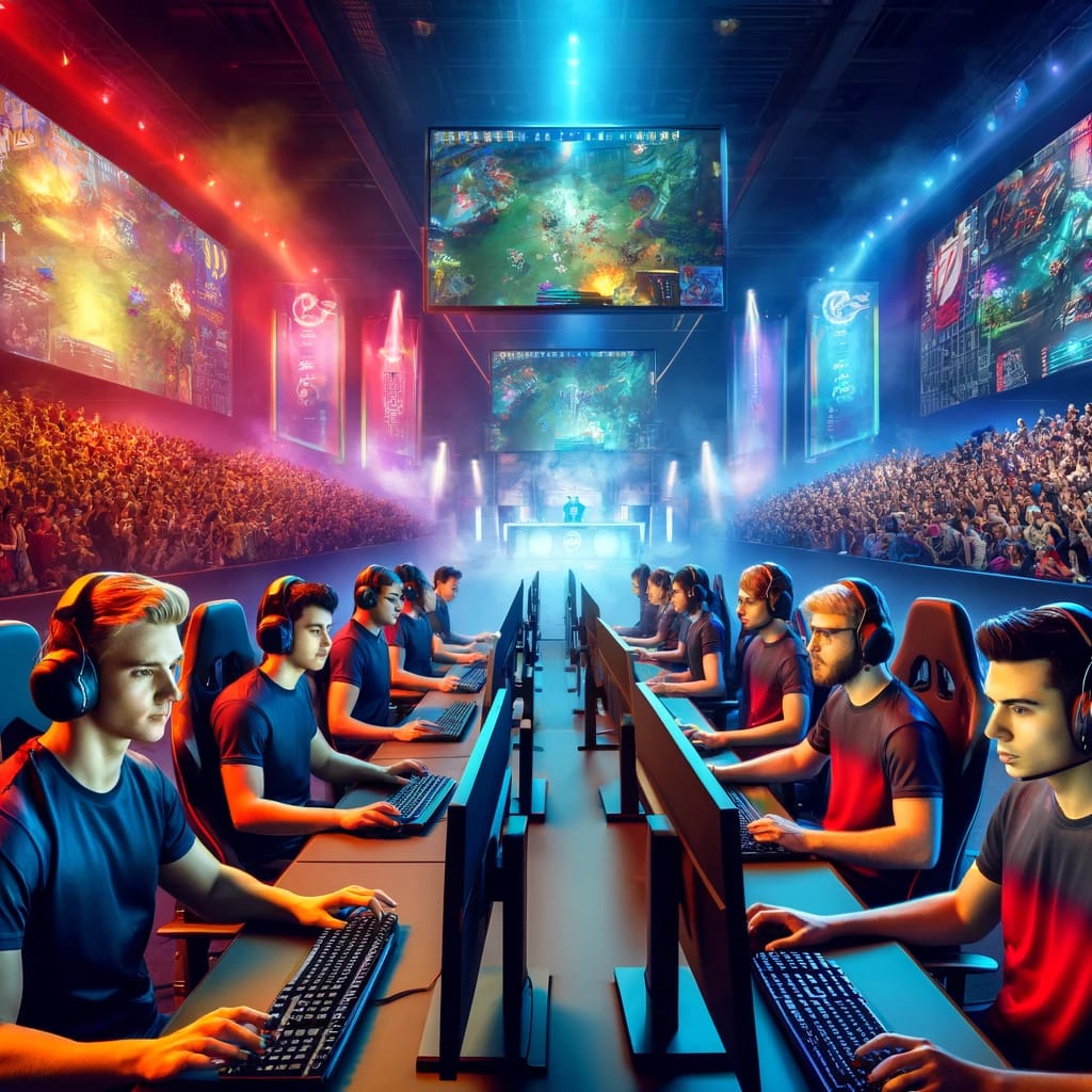 an image depicting a dynamic esports tournament scene with diverse top esports players intensely focused on their gaming screens.
