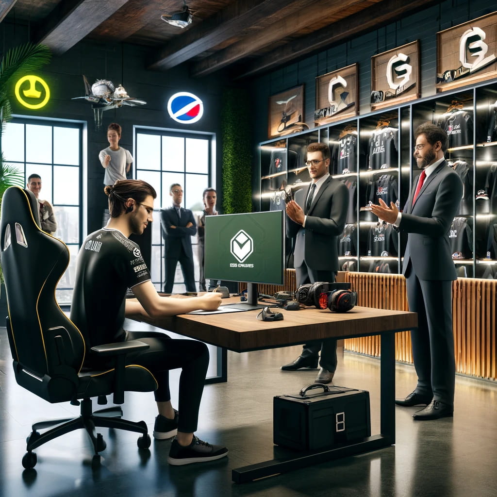  an image depicting a modern esports business environment. Feature a top esports player signing a sponsorship deal in a sleek office