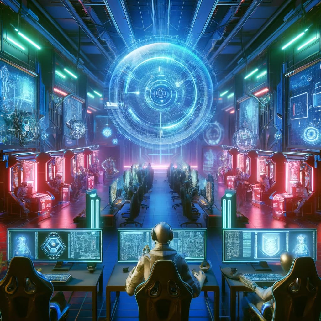 an image depicting futuristic esports technology. Visualize a high-tech esports arena filled with advanced gaming setups, augmented reality