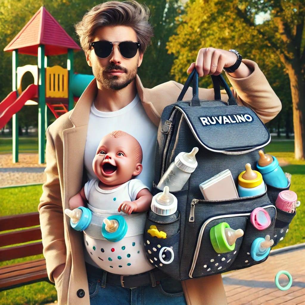 a 4K photo-realistic image of a stylish parent holding a RUVALINO Diaper Bag Backpack in a fun way.