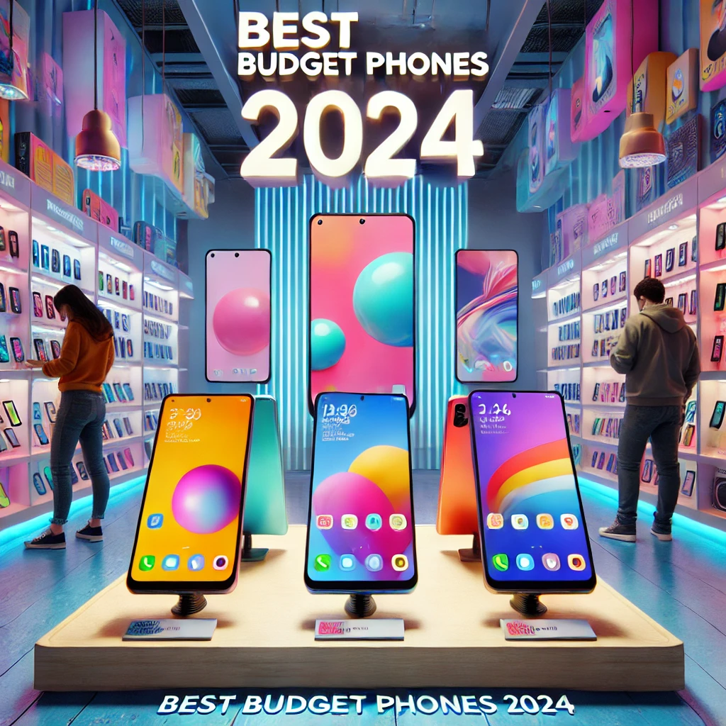 A modern, colorful scene featuring a variety of budget smartphones for 2024. The smartphones are displayed in a vibrant tech store setup