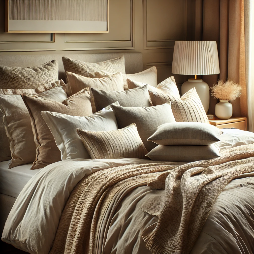 A cozy, luxurious bed setup featuring layered pillows, a throw blanket, and neutral-colored sheets. The scene has a hotel-like feel with soft textures